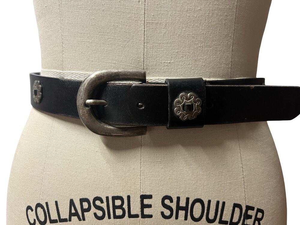 VTG Distressed Belt Black Leather Floral Concho Southwestern Boho Silver Tone S